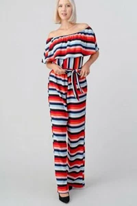 Multicolor Stripe off the shoulder Jumpsuit (RUNS SMALL) - Picture 1 of 4