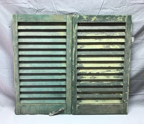 Pair Antique Small Window Wood Louvered Shabby Shutters 14x24 VTG Old 1597-22B Cover