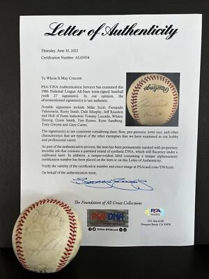1986 NL All-Star Team Signed Baseball,Carter,Gwynn,Smith PSA/DNA 27 Autos,(B35) - Image 1 of 4