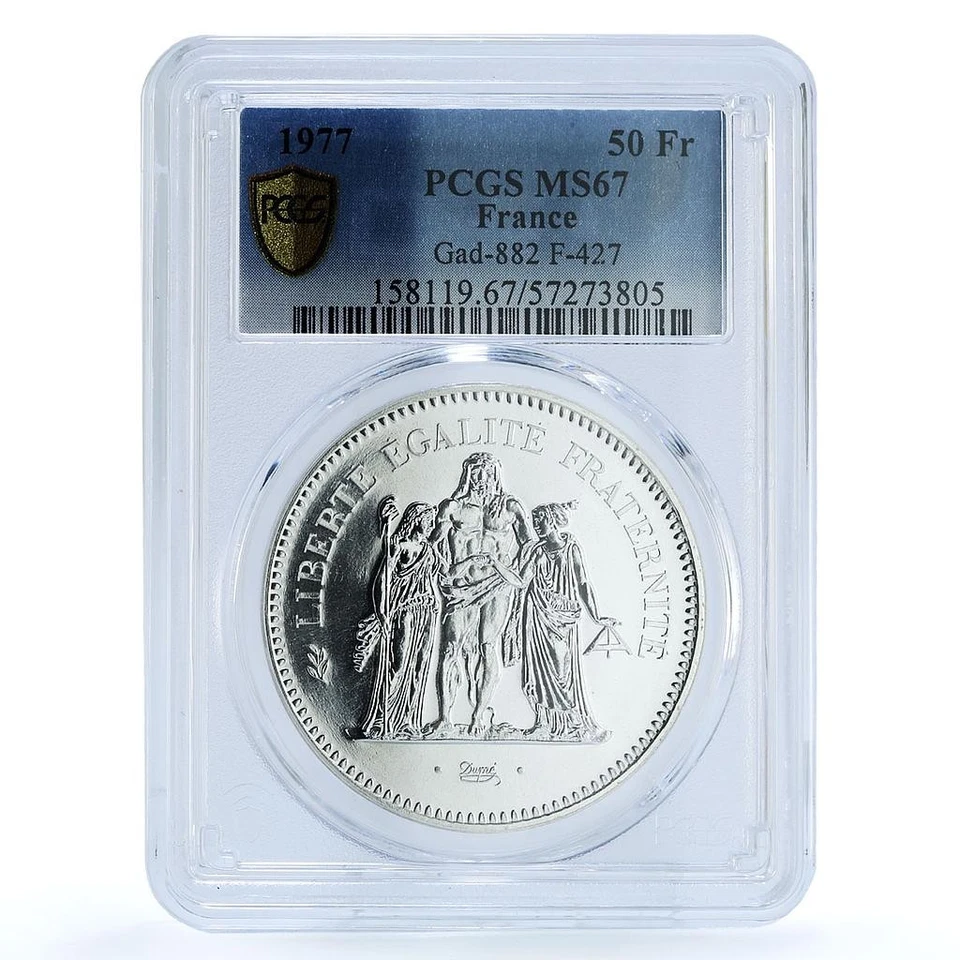 Francia 50 francos Hércules KM-941.1 Gad-882 F-427 MS 67 PCGS moneda de plata 1977 Foto 1 de 4