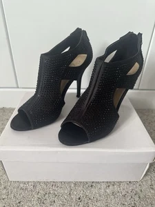 Black Studded Open Toed Cocktail Shoes With Rear Zip and Original Box - Picture 1 of 8
