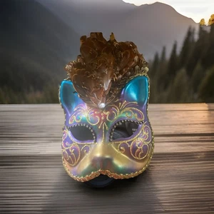 Authentic Venetian Cat Mask  – With Feathers Teal  Purple & Gold Rare - Picture 1 of 7