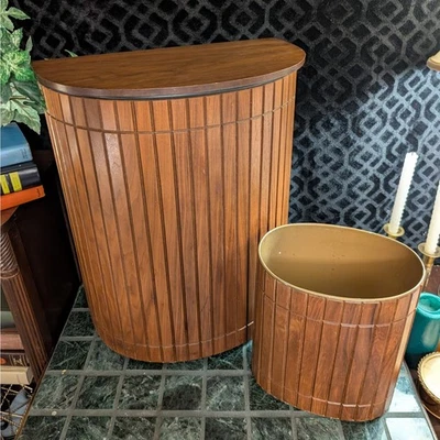 Vintage MCM Gruvwood Solid Walnut Laundry Hamper Basket & Waste Trash Can Set - Image 1 of 4
