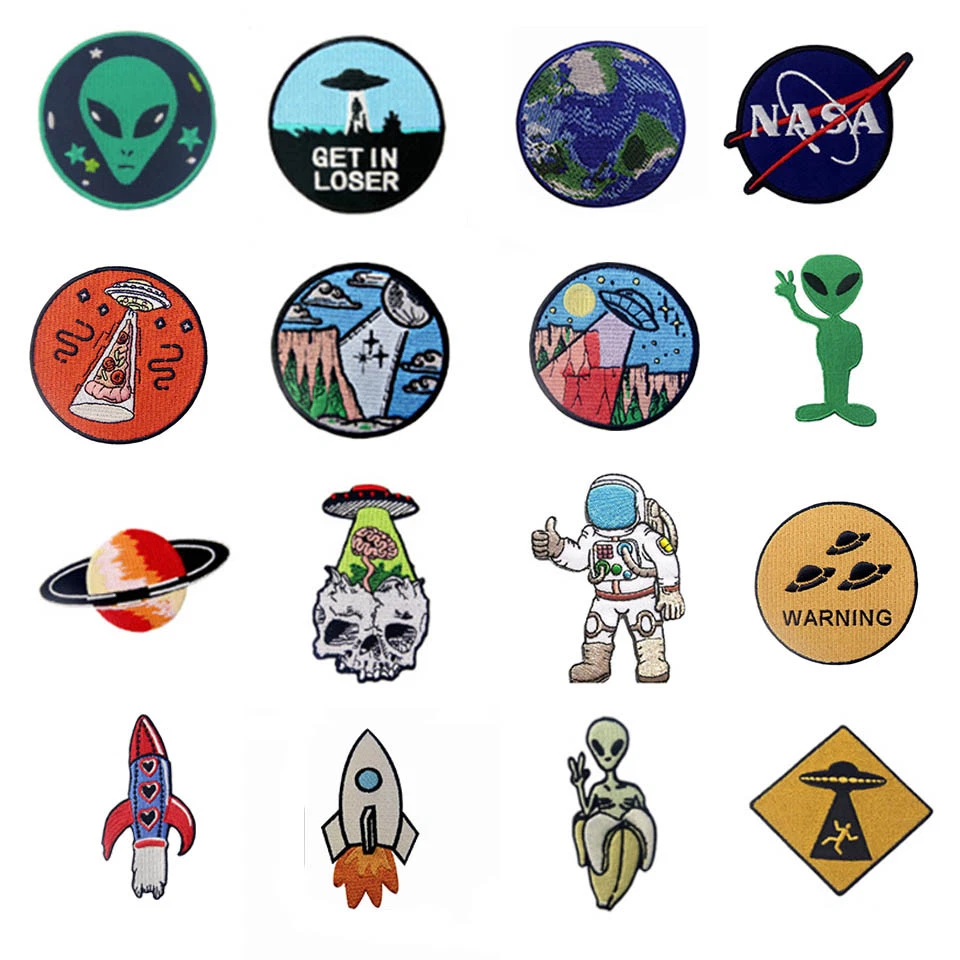 Embroidered Iron Sew On Patches transfers appliques Alien UFO earth patch - Image 1 of 4