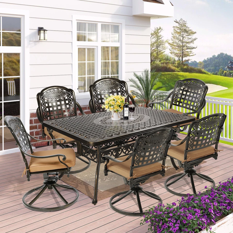7-Piece Outdoor Patio Dining Furniture Set Rectangle Table 6 Chairs with Cushion — 第 1/1 张图片