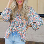 (Green S)Tunic Blouse Casual Tie V Neck Long Sleeve Floral Print Ruffled Xxl