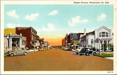 Watertown South Dakota Maple Avenue Old Cars & Bowling Alley  Vintage Postcard - Image 1 of 2