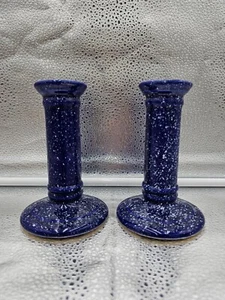 Blau gesprenkelte Keramik Paar Kerzenständer - Bild 1 von 3