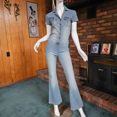 Vtg 90s do 70s Candies Denim Hiphugger Bellbottom Kick Flares Jeans Jumpsuit S/M - Image 1 of 4