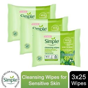Simple Kind to Skin, Cleansing Wipes For Sensitive Skins, 3 Packs of 25 Wipes