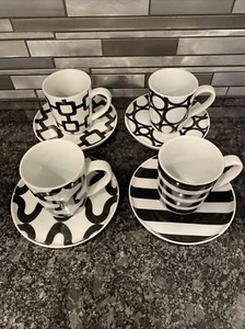 Crate & Barrel Black/White Demi Demitasse Espresso Cups & Saucers Set of 4 - Picture 1 of 17