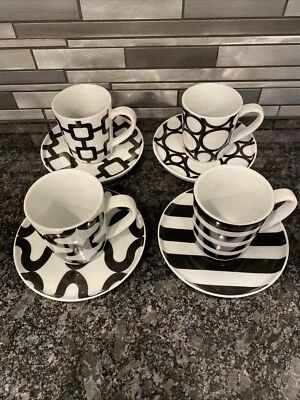 Crate & Barrel Black/White Demi Demitasse Espresso Cups & Saucers Set of 4 - Image 1 of 4