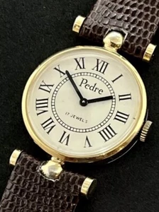 Vtg 1970 PEDRE Women 30mm Swiss Mechanical Hand Wind Watch 17j Gold Brown Lizard - Picture 1 of 12