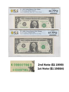 $1 Set of 2 MATCHING SERIAL NUMBERS (00000706) PCGS Graded 66/65 Gem UNC - Picture 1 of 3