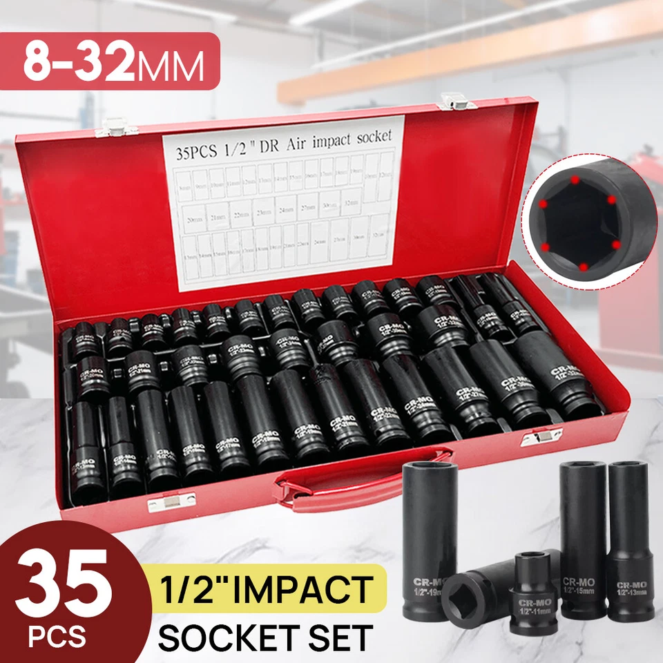 35pcs Drive Deep Impact Sockets Tools Kit 8-32MM Metric 1/2" Garage Workshop Set - Image 1 of 4