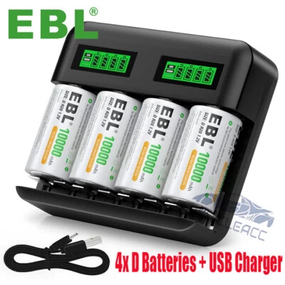 EBL 4x 10000mAh D Size Cell NiMH Rechargeable Batteries w/  D Battery Charger - Image 1 of 4