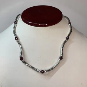 Vintage Garnets Bead Sterling Silver 925 Tested Necklace Curved Twisted 18” - Picture 1 of 14