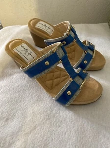 AJ VALENCI H-Band Open Toe Wedge Heels Women’s French Blue Size 6.5M - Picture 1 of 19