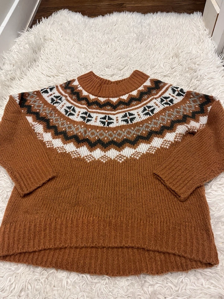 Suéter de malha Aerie Fair Isle pequeno S tamanho grande aconchegante estilo esqui Y2K laranja queimado - Imagem 1 de 4