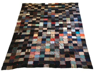 Antique Quilt 1940's Men/Women Wool Suit Patchwork Fabric Study indigo 74x90 - Image 1 of 4