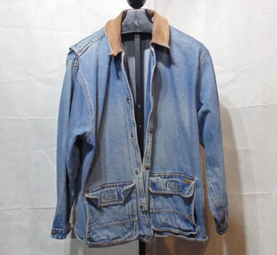Vintage Woolrich Denim Barn Coat Jean Jacket Leather Collar Sz XXL - Image 1 of 4