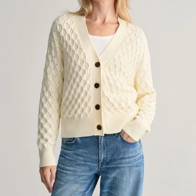 GANT Textured Knit Cardigan V Neck Cable Knit Sweater Cream Size X Large - Image 1 of 4