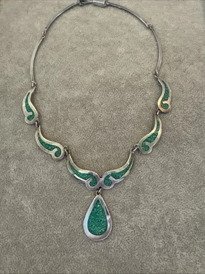 Colar Vintage Taxco Esterlina 925 Turquesa Esmagada Comprimento: 16" - Imagem 1 de 4