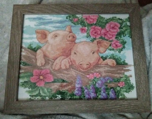 *Two Little Pigs* Handmade Cross Stitch, Fully Finished And Framed, 8x10 - Picture 1 of 4