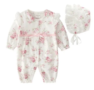 Baby Girl Floral Cotton ROMPER And Bonnet Hat Set Long Sleeve 12 Month White - Picture 1 of 4