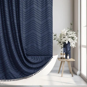 Extra Long Boho Navy Blue Shower Curtain, Woven Fabric 84 in Shower Curtain, 72 - Picture 1 of 12