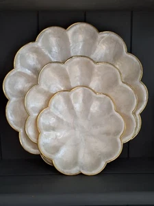 Capiz Shell Plates Set of 3 Gold Tone Trim Made In The Philippines - Picture 1 of 12