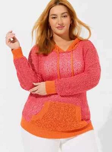 Torrid Pointelle Pullover Hoodie rosa orange lockerer Strick Strand Coverup hell 2X - Bild 1 von 6