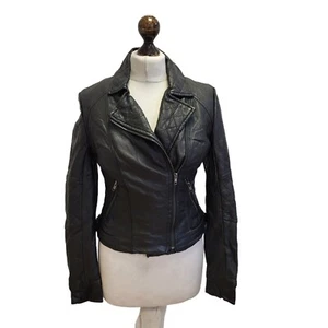 Vintage Bellfield Black Zipped Leather Jacket Uk Women's xs Eu 34 AA103 - Picture 1 of 4