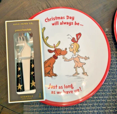 Pottery Barn GRINCH Holiday Plate +Utensil Seuss gift Christmas DISNEY party , - Image 1 of 4