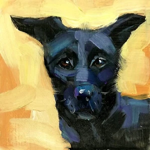 Schwarzer Hund Ölgemälde Original handgemaltes Haustierportrait 4x4" - Bild 1 von 5