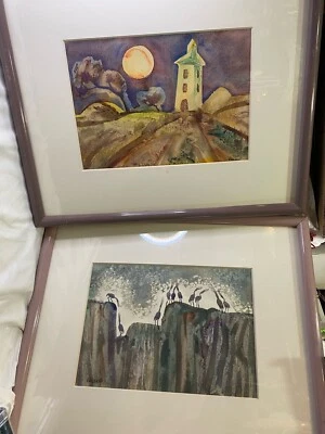 Pair (2) Large Original Watercolor Paintings Signed Matted Framed Birds Church - Image 1 of 4