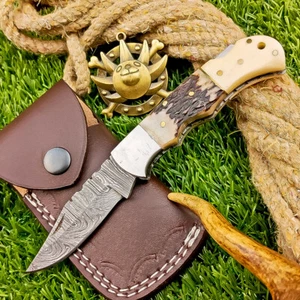 BEAUTIFUL CUSTOM Handmade Damascus Pocket Knife – Folding Knife, W/Sheath-43 - Picture 1 of 11