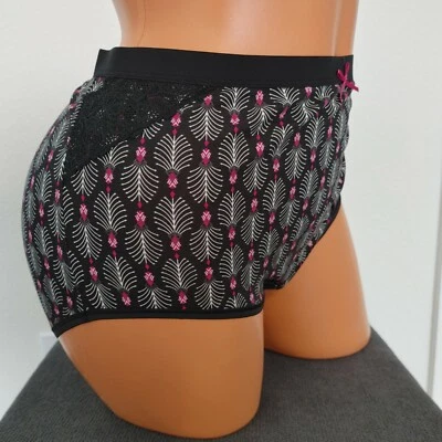 NWT Lane Bryant Cacique COTTON FULL BRIEF PANTY 18/20 BLACK PINK WHITE FEATHER  - Image 1 of 4