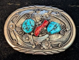 Vintage Navajo Sterling Silver Two (2) Turquoise Stones & Coral Belt Buckle. - Picture 1 of 3