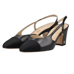 Chanel Grosgrain Cap Toe Slingback Black Interlocking CC Logo Leather Pumps Sz36 - Picture 1 of 12