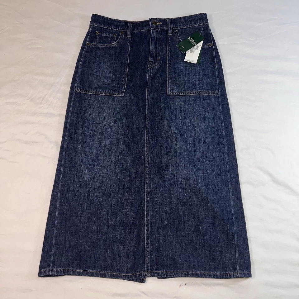 Falda Midi Denim Lauren Ralph Lauren Pequeña Talla 6P Bolsillos Lavados Oscuros Preppy Nueva con Etiquetas Foto 1 de 4