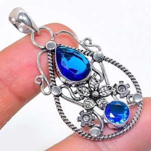 Blue Tanzanite Gemstone Handmade 925 Sterling Silver Jewelry Pendant Size 2" - Picture 1 of 1