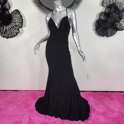 NUEVO CON ETIQUETAS~$298~FAVIANA~TALLA 10~VESTIDO DE NOCHE DE GRADUACIÓN DE JERSEY ELÁSTICO NEGRO ACANALADO Foto 1 de 4