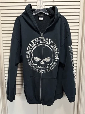Harley Davidson Graphic Skull Zip Up Hoodie Size XL Logo Pockets Black/Tan - Image 1 of 4