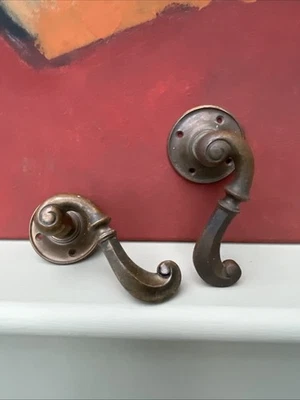 1930’s Reclaimed Salvage Bronze Brass Door Handles Art Deco Vintage Antique - Image 1 of 4