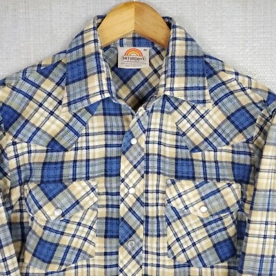 SATURDAYS IN CALI Western Pearl Snap Flannel Mens Sport Shirt Size Medium Plaid - Image 1 of 4