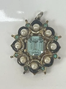 Vintage Coro Anhänger Halskette Aqua Blau Smaragdschliff Stein Goldfarben Signiert - Bild 1 von 9