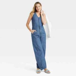 Women's Curved Leg Denim Jumpsuit - Universal Thread™ Medium Wash 8 - Picture 1 of 9