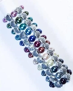 CYNTHIA LYNN "AUTUMN PEARLS" SILVER LEAF & GLASS PEARL STRETCH RING - 12 COLORS - Picture 1 of 13