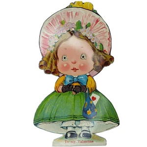 Vestido Victoriano San Valentín Troquelado Tarjeta Niña Cabello Rizado Gorro 7.5" Hecho en Alemania - Imagen 1 de 2